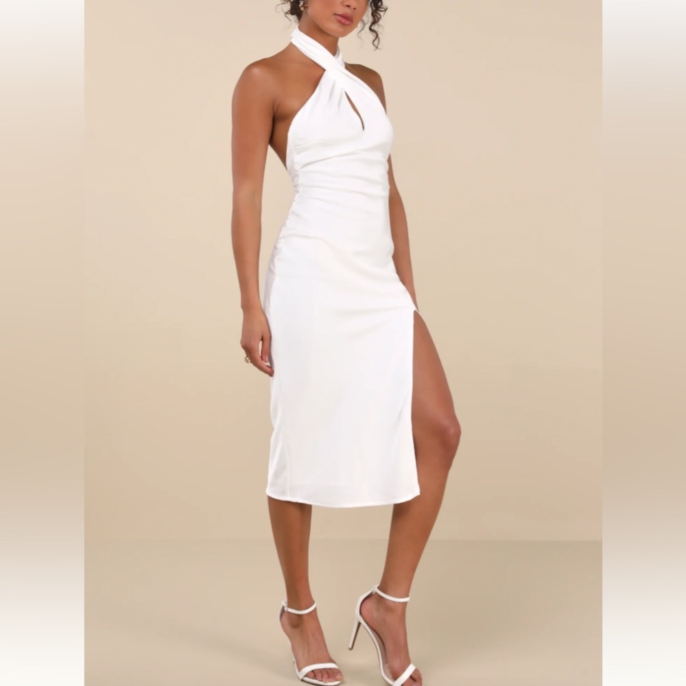 NWT Lulus Beyond Classy White Satin Halter Midi Dress